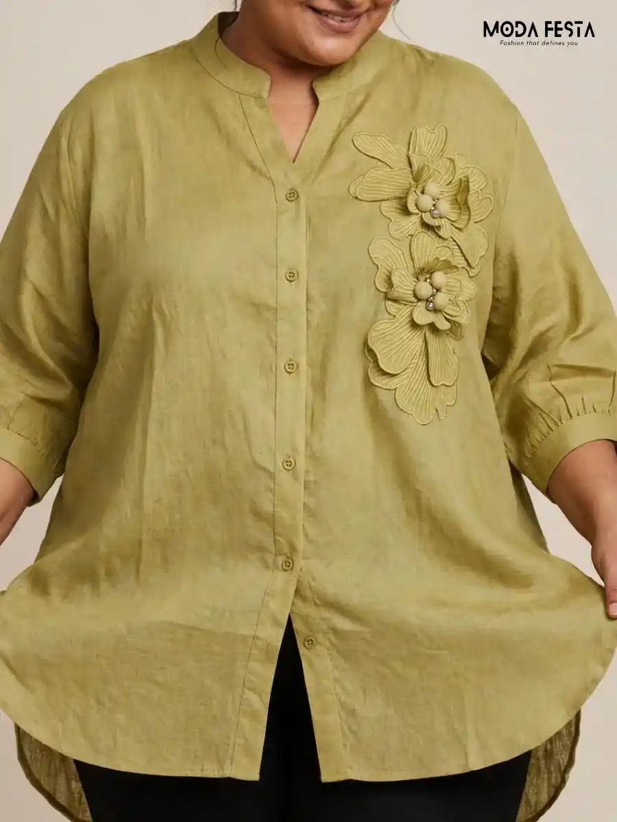 ModaFesta -sage-green-3d-floral-applique-casual-shirt