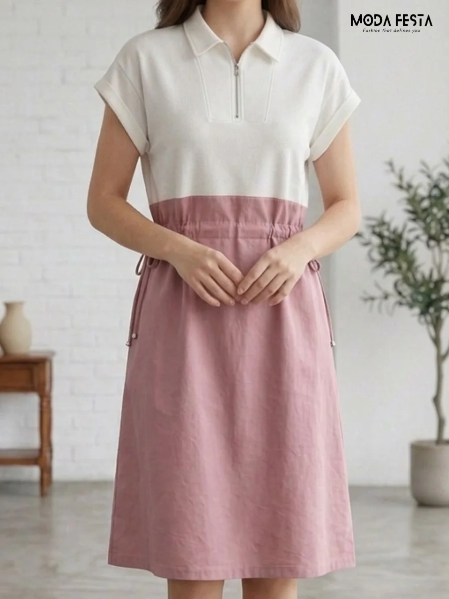 polo-collar shirt dress or casual drawstring midi mini dress