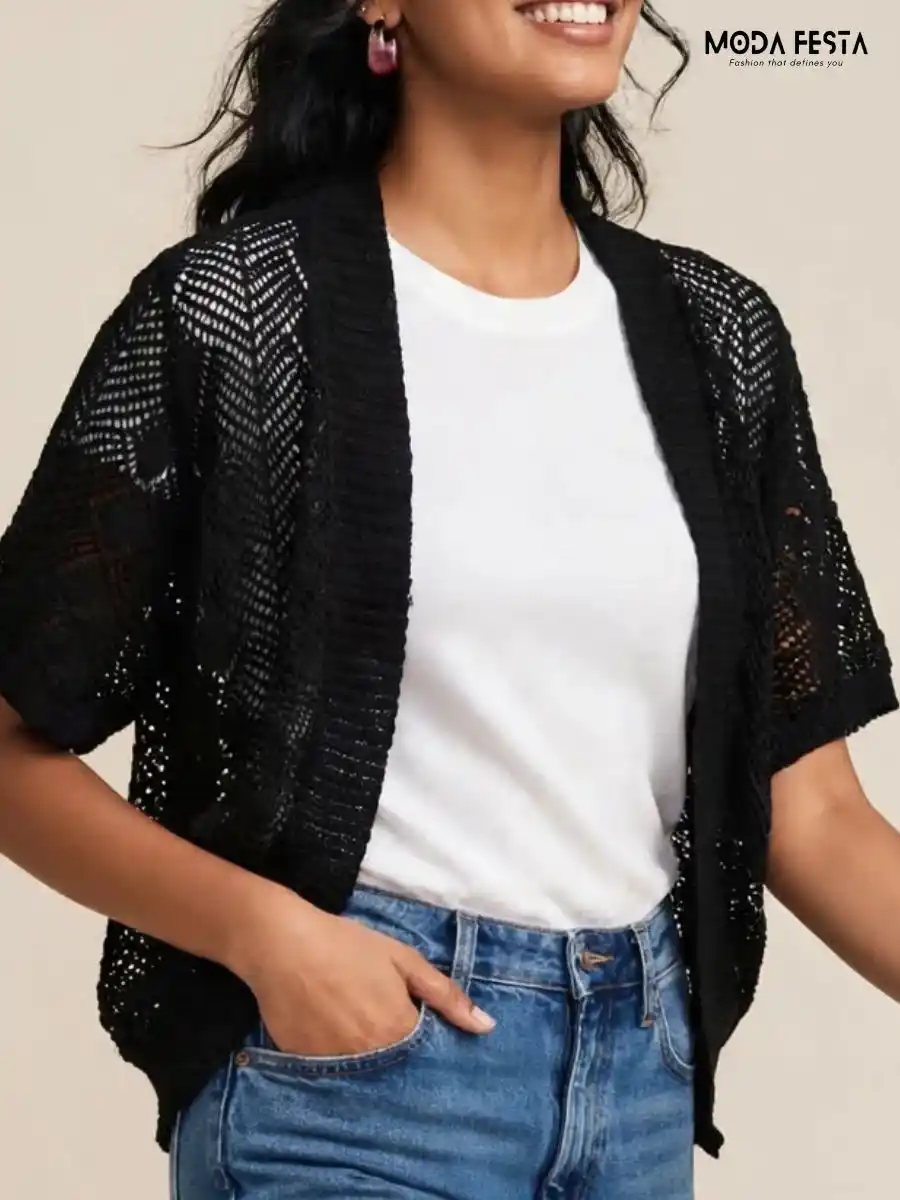 ModaFesta -solid-black-open-front-knit-shrug