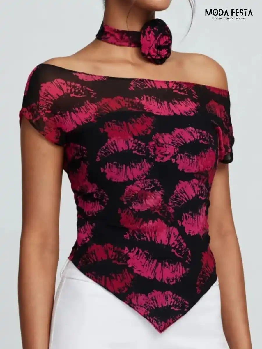 ModaFesta -black-and-pink-lips-print-off-shoulder-top