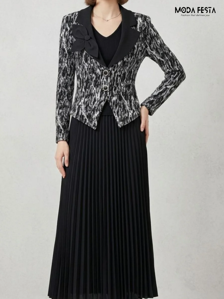 Vivienne Bow-Detail Textured Blazer & Pleated Midi Dress Set