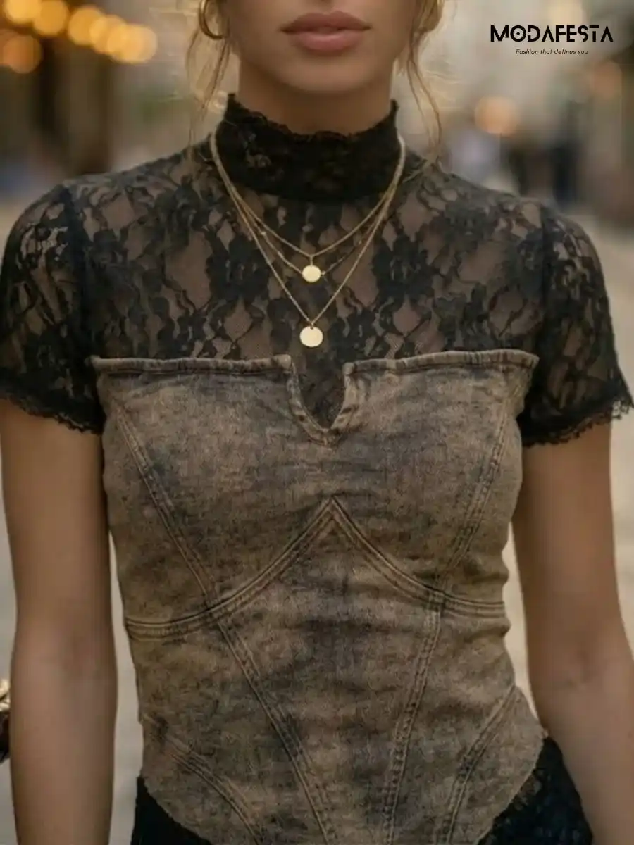 ModaFesta -elegant-denim-corset-lace-high-neck-top-black