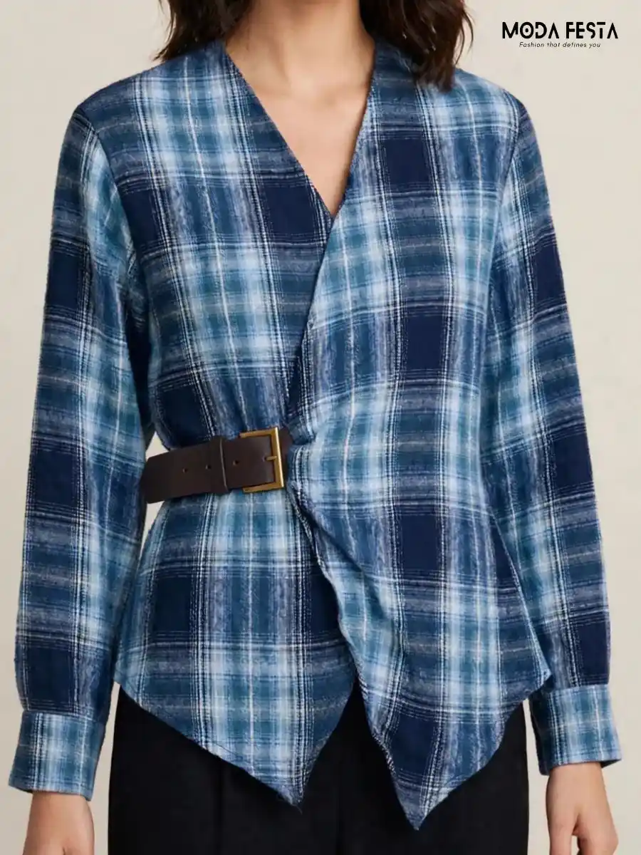 ModaFesta -plaid-v-neck-wrap-top