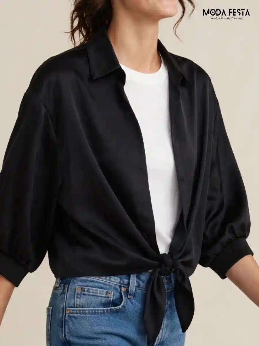 ModaFesta -solid-tie-front-shirt