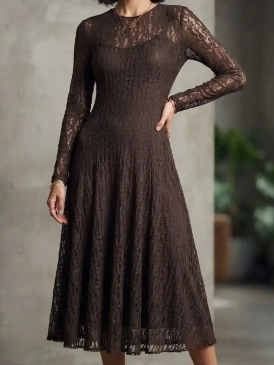 ModaFesta -brown-lace-long-sleeve-a-line-midi-dress