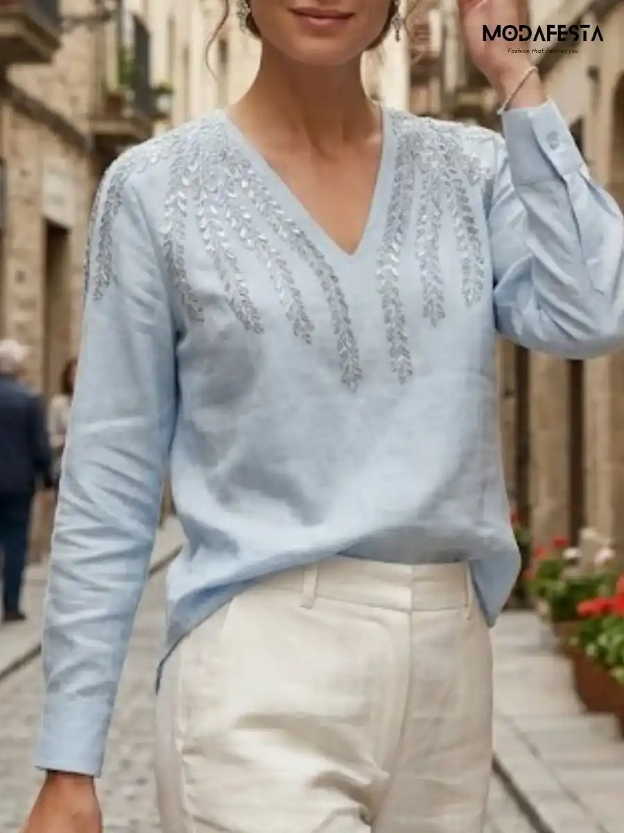 ModaFesta -elegant-embellished-v-neck-top-sky-blue
