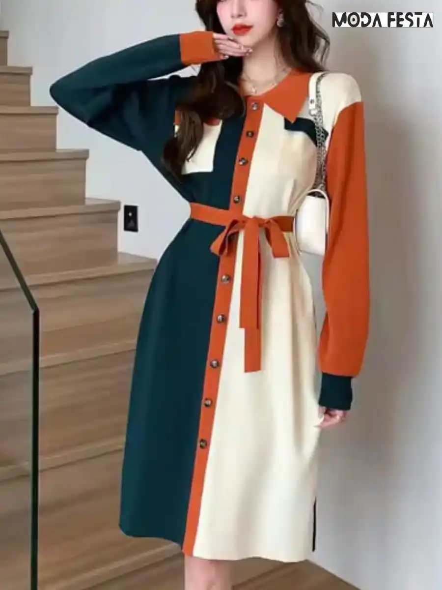 ModaFesta -knit-color-block-patchwork-dress-beige