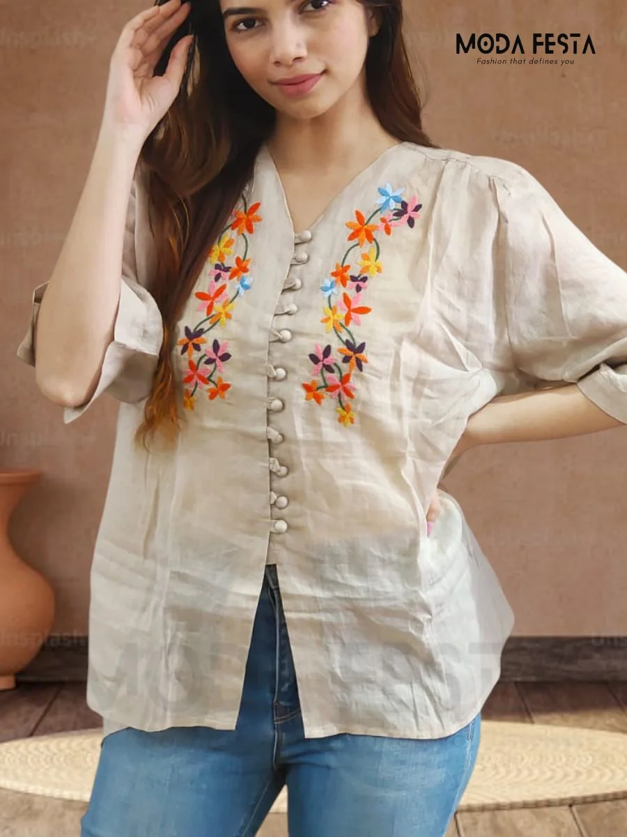 ModaFesta -linen-v-neck-top-beige