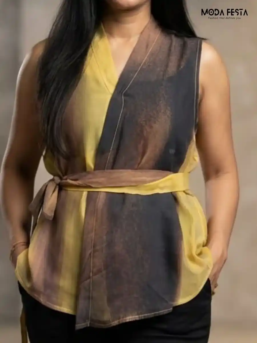 Two-Tone Wrap-Style Belted Top
