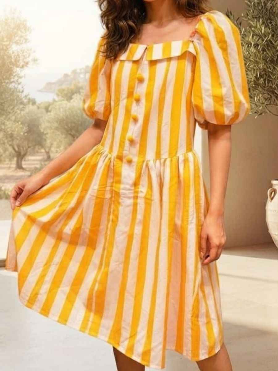 Dress Puff-Sleeve Striped Midi Dress