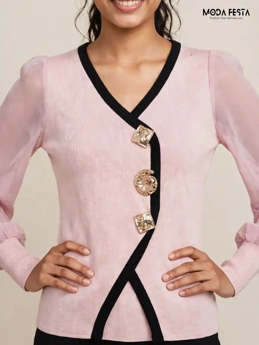 ModaFesta -light-pink-black-contrast-trim-asymmetric-statement-top