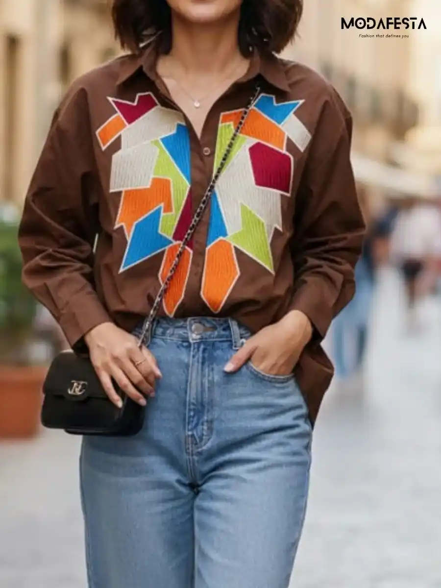 ModaFesta -geometric-handcrafted-cotton-shirt-brown