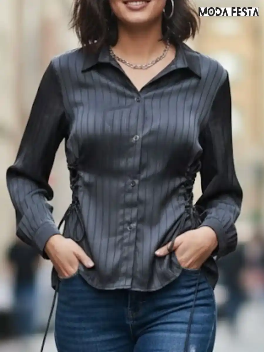 ModaFesta -trendy-black-stripe-shirt-side-tie-up