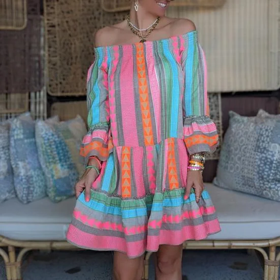 ModaFesta -flared-summer-dress-green-blue-geometric-printed