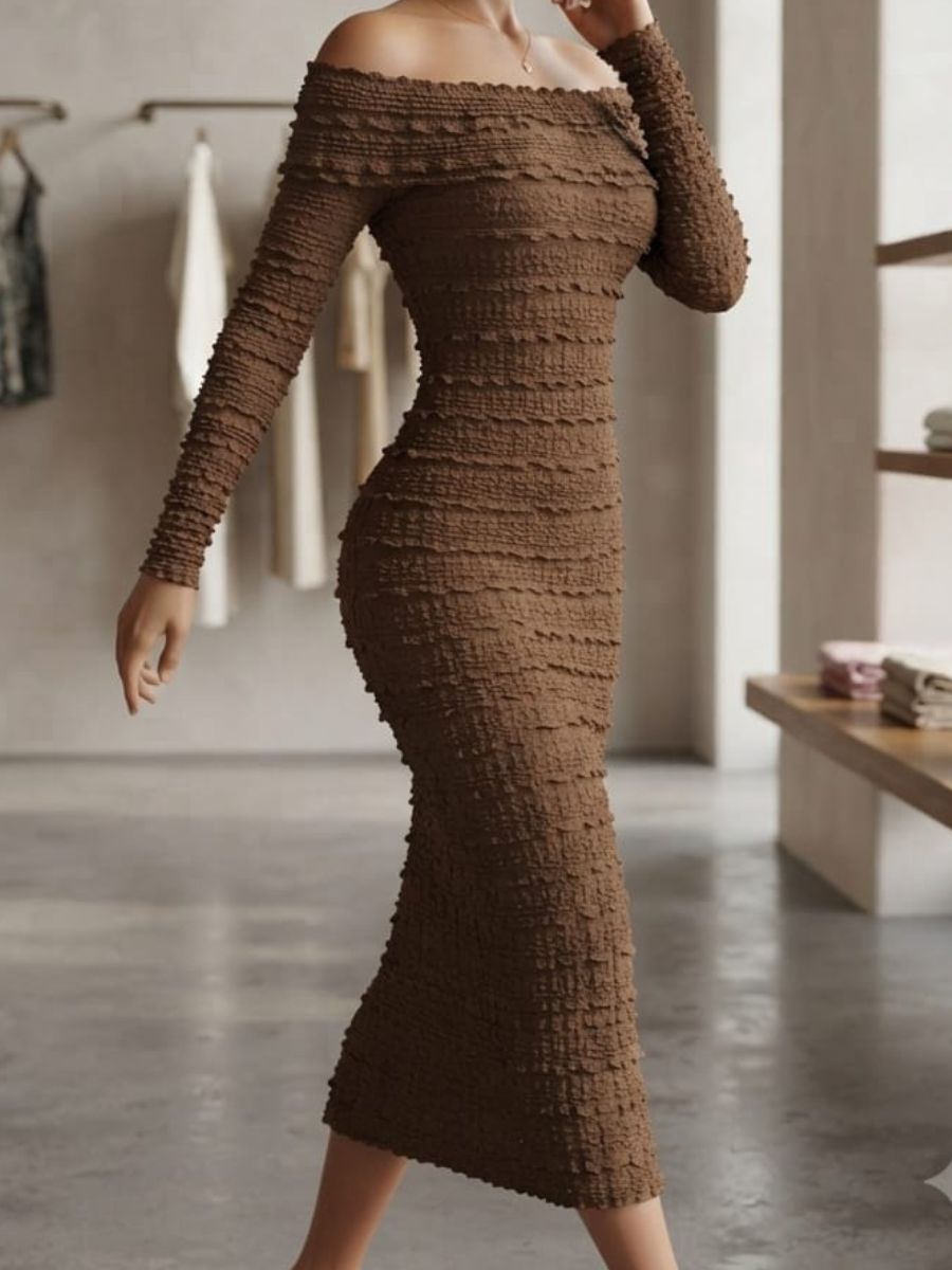 ModaFesta -off-shoulder-bodycon-full-sleeve-strecheble-dress-brown