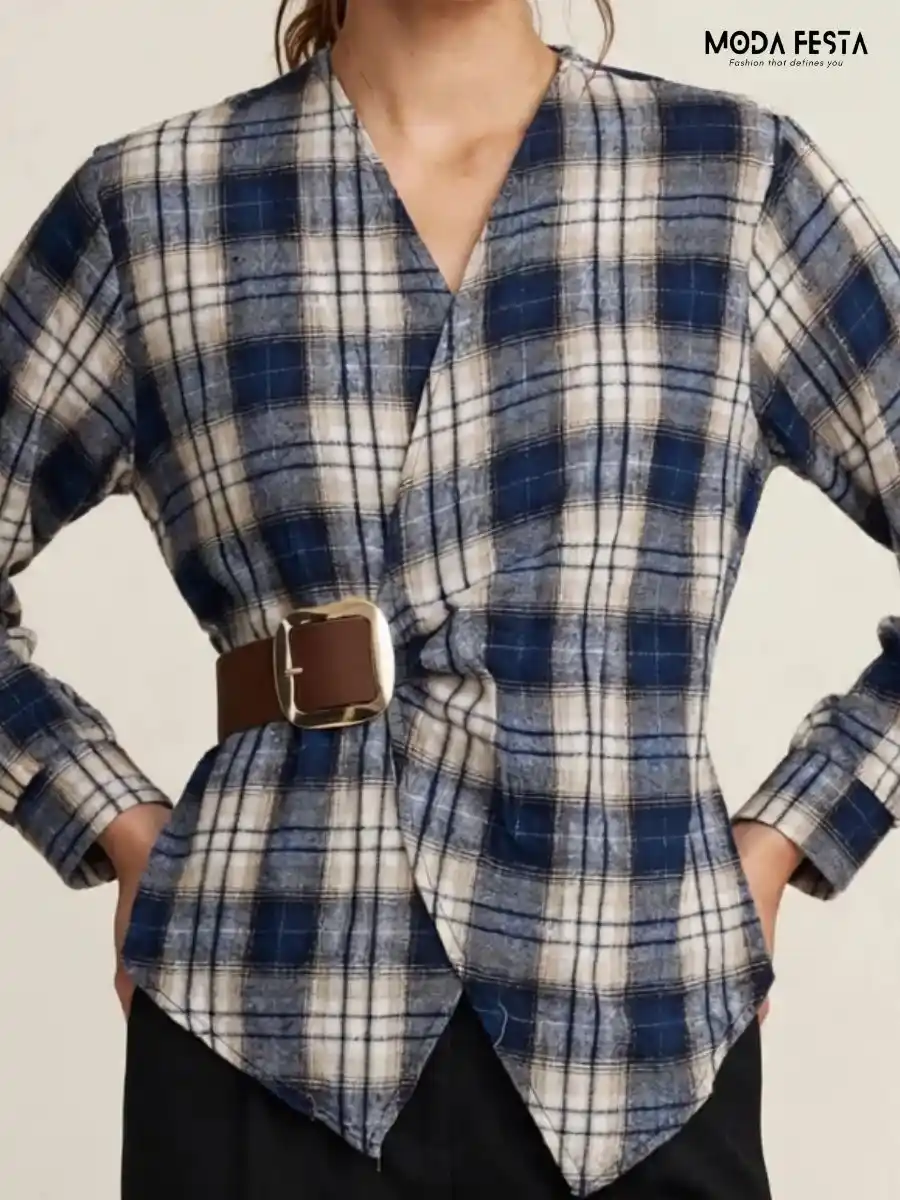 ModaFesta -belted-checked-wrap-top