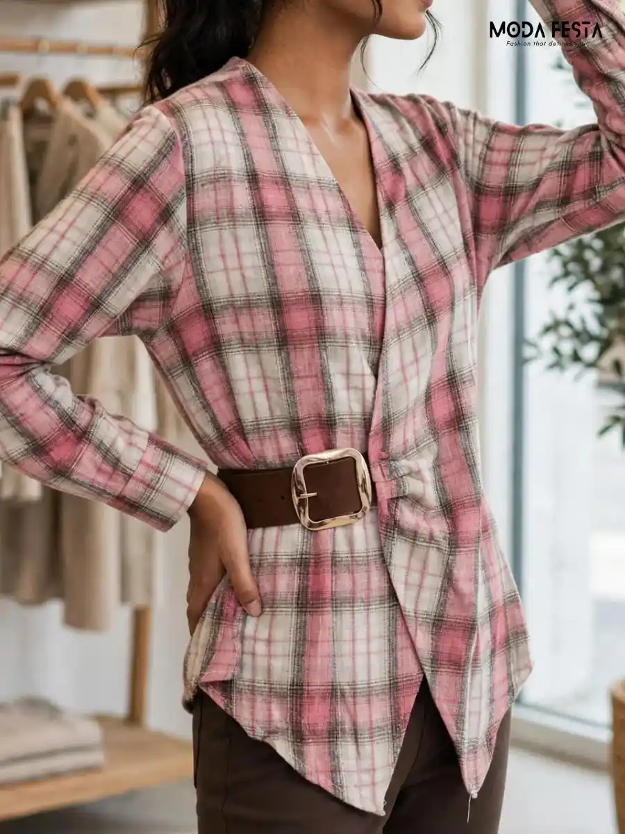 ModaFesta -plaid-v-neck-wrap-blouse