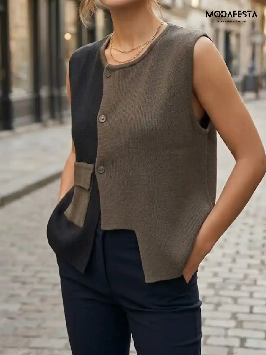 ModaFesta -elegant-knit-vest-two-tone-design-top-olive-green