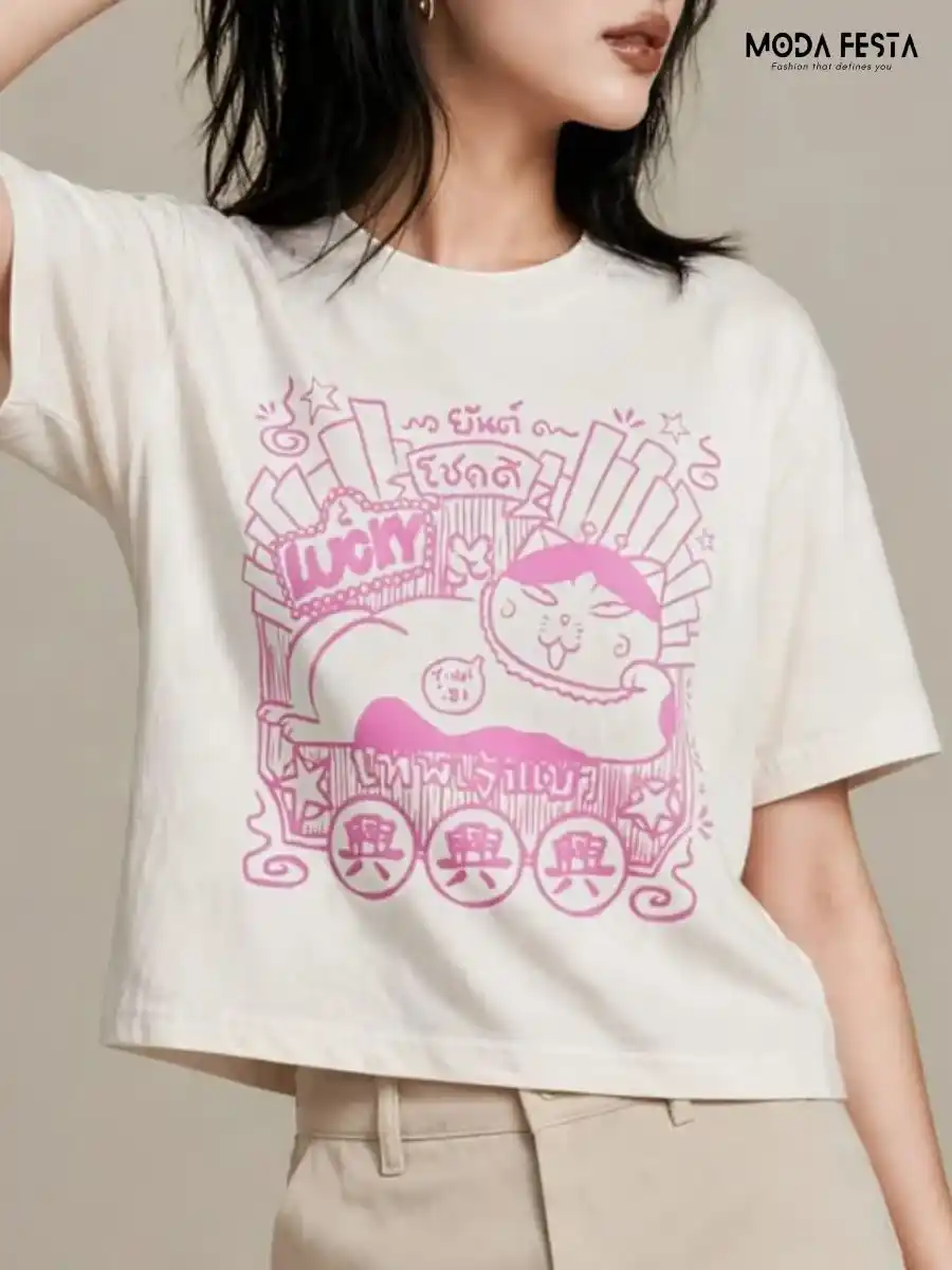 ModaFesta -pink-lucky-cat-graphic-print-crop-t-shirt