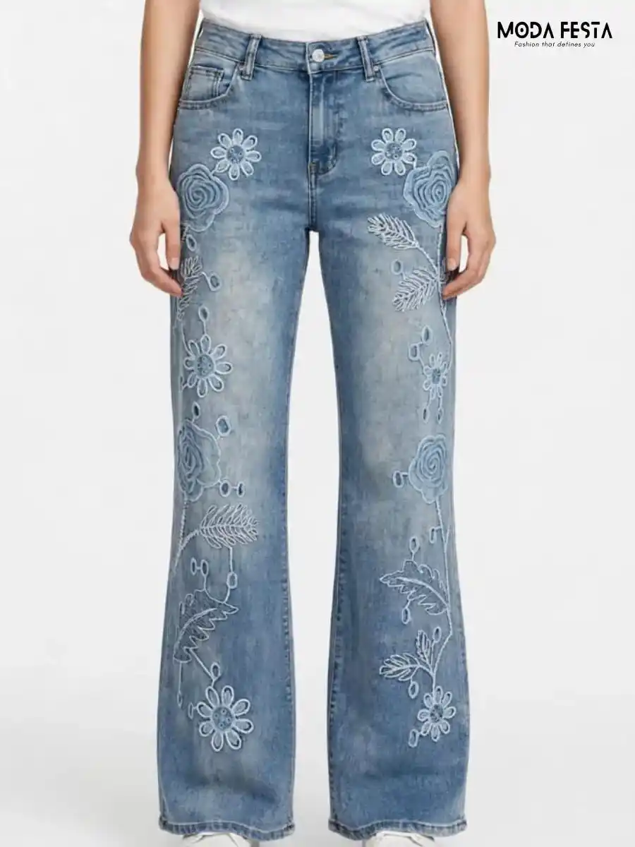 Blue Floral Embroidered Flare Jeans