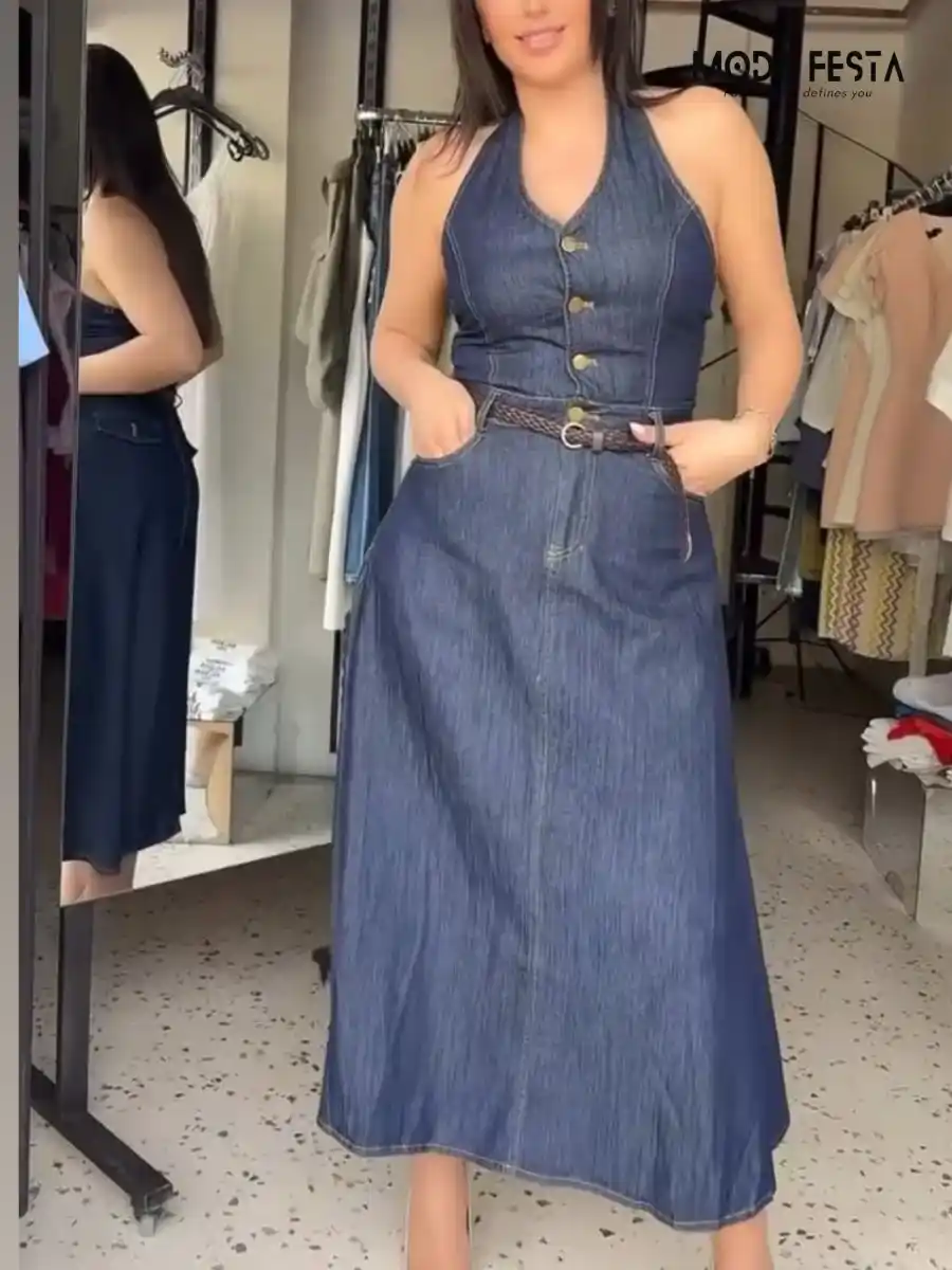 ModaFesta -halter-neck-denim-dress-with-belt-blue