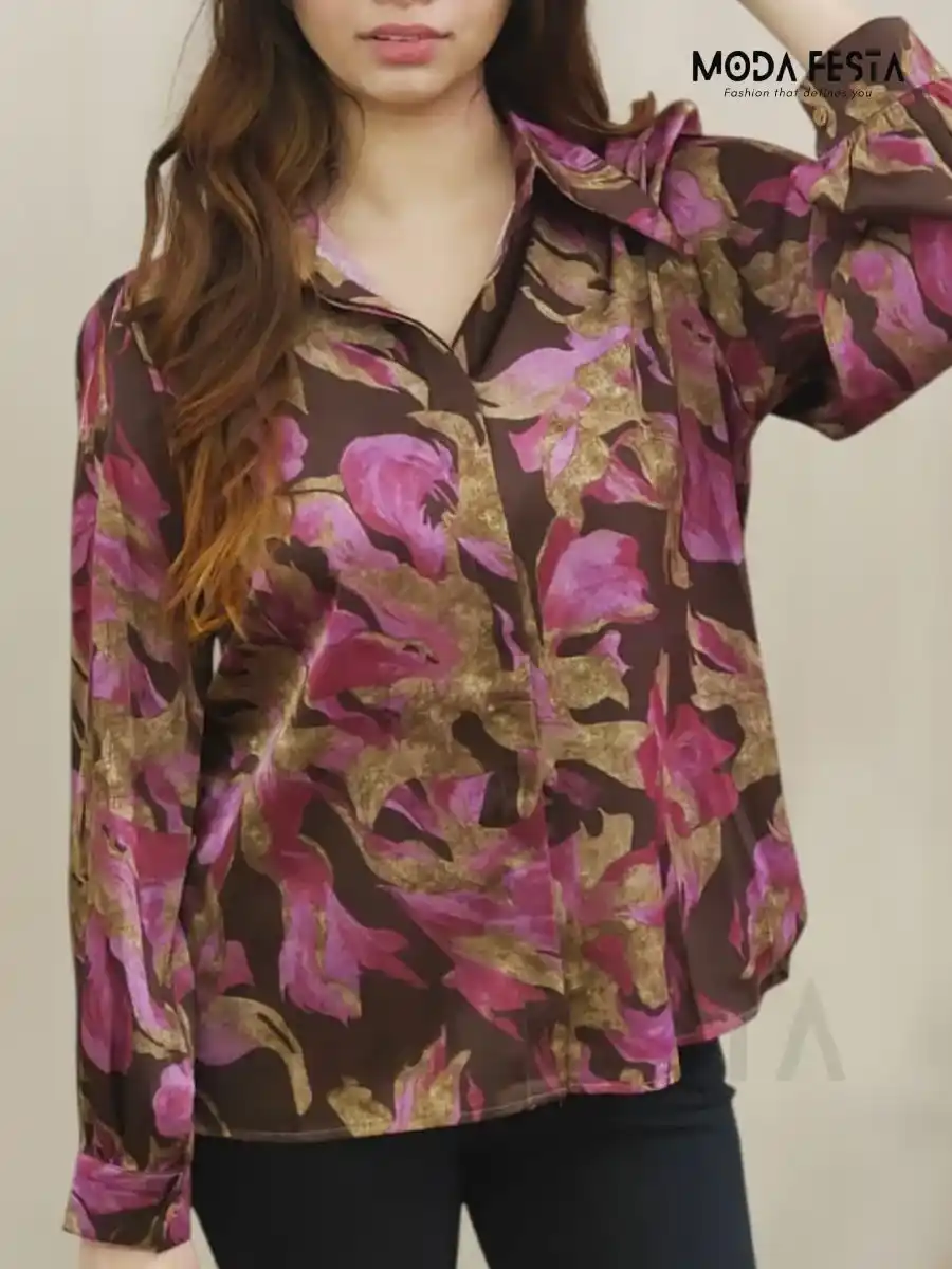 ModaFesta -floral-printed-satin-shirt-brown