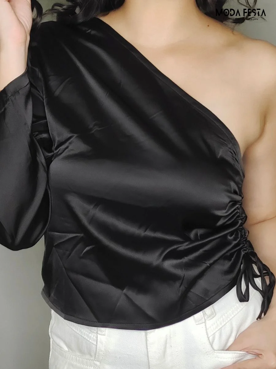 One Shoulder Satin Top - Black