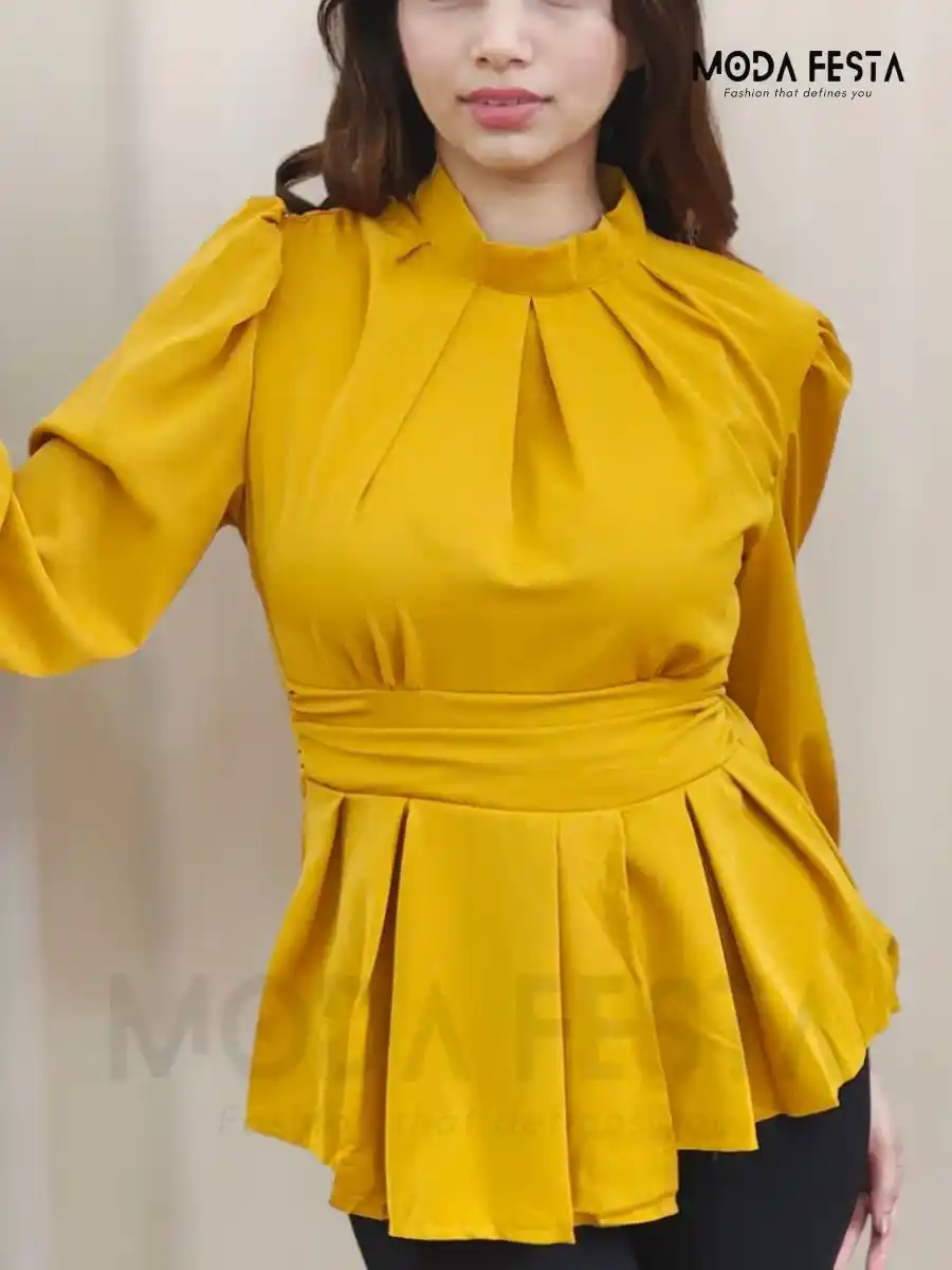 ModaFesta -yellow-high-neck-peplum-top