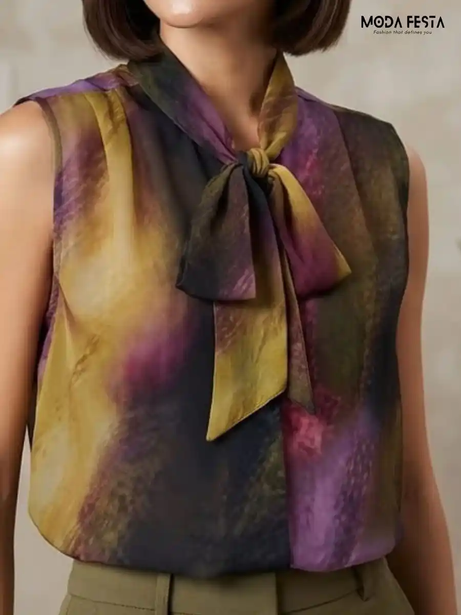 Abstract Tie-Neck Sleeveless Top