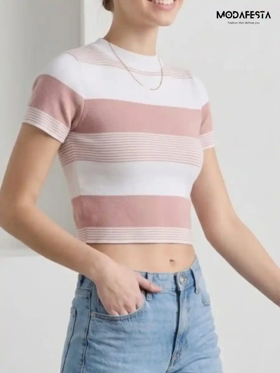 ModaFesta -elegant-pink-and-white-striped-crop-t-shirt