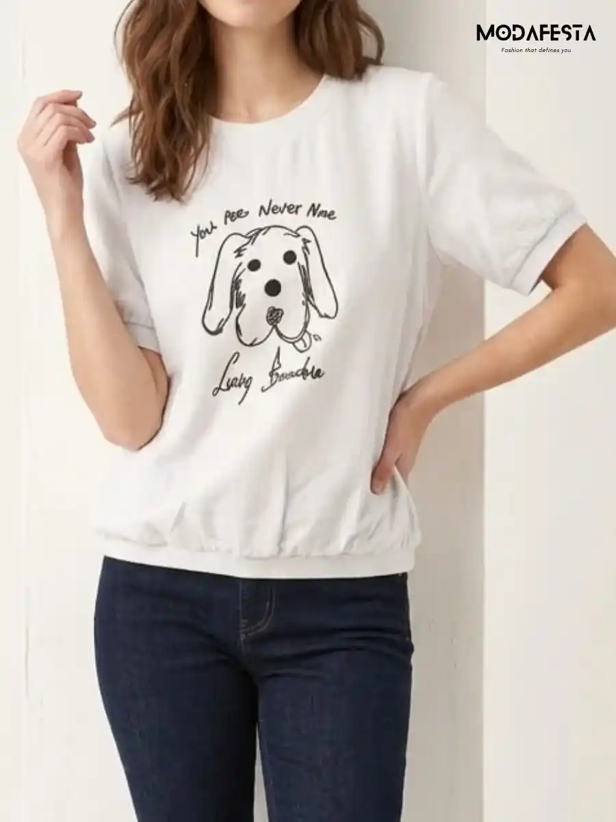 ModaFesta -elegant-dog-print-graphic-top-white
