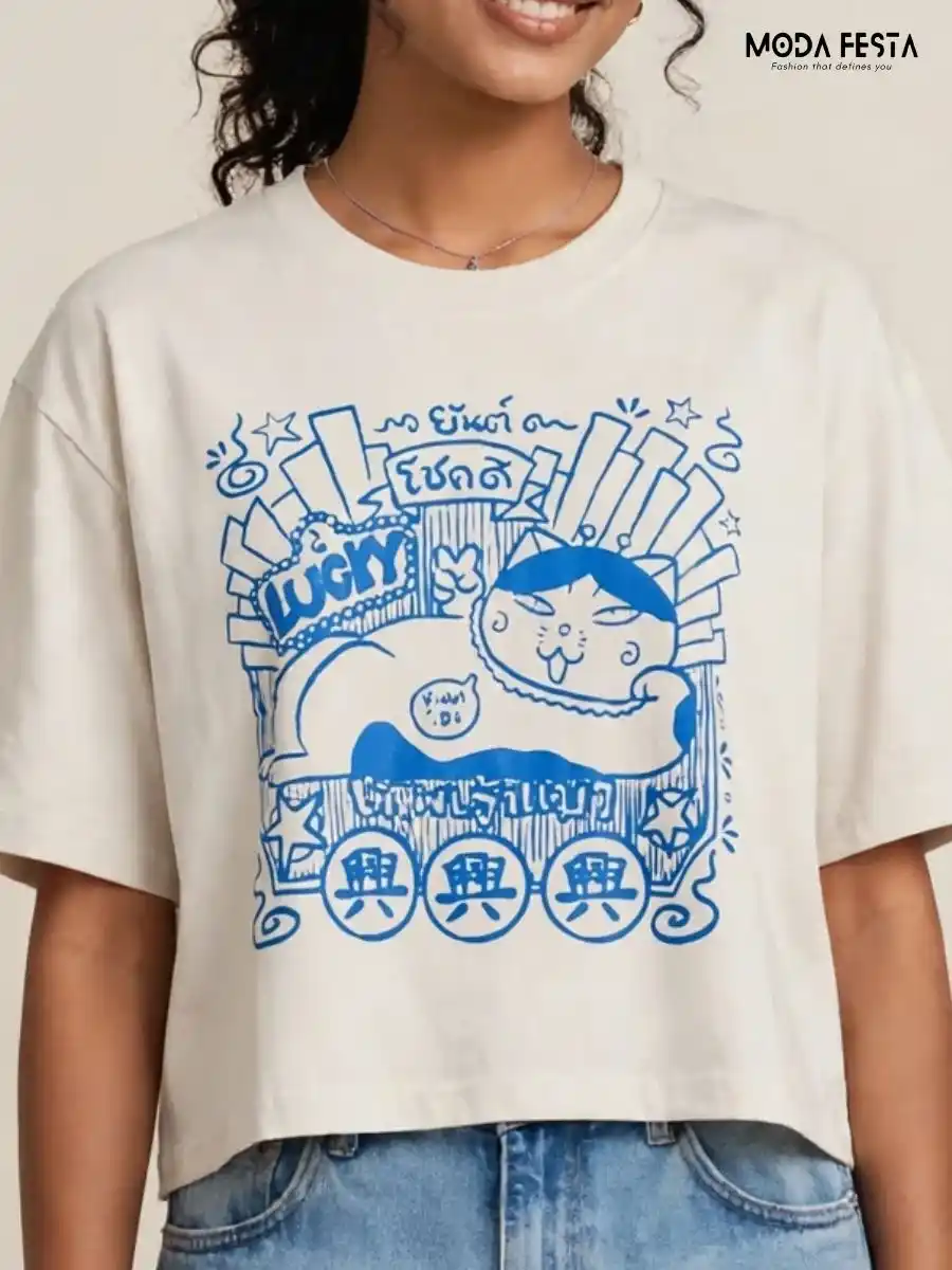 Lucky Cat Graphic Print Crop T-Shirt