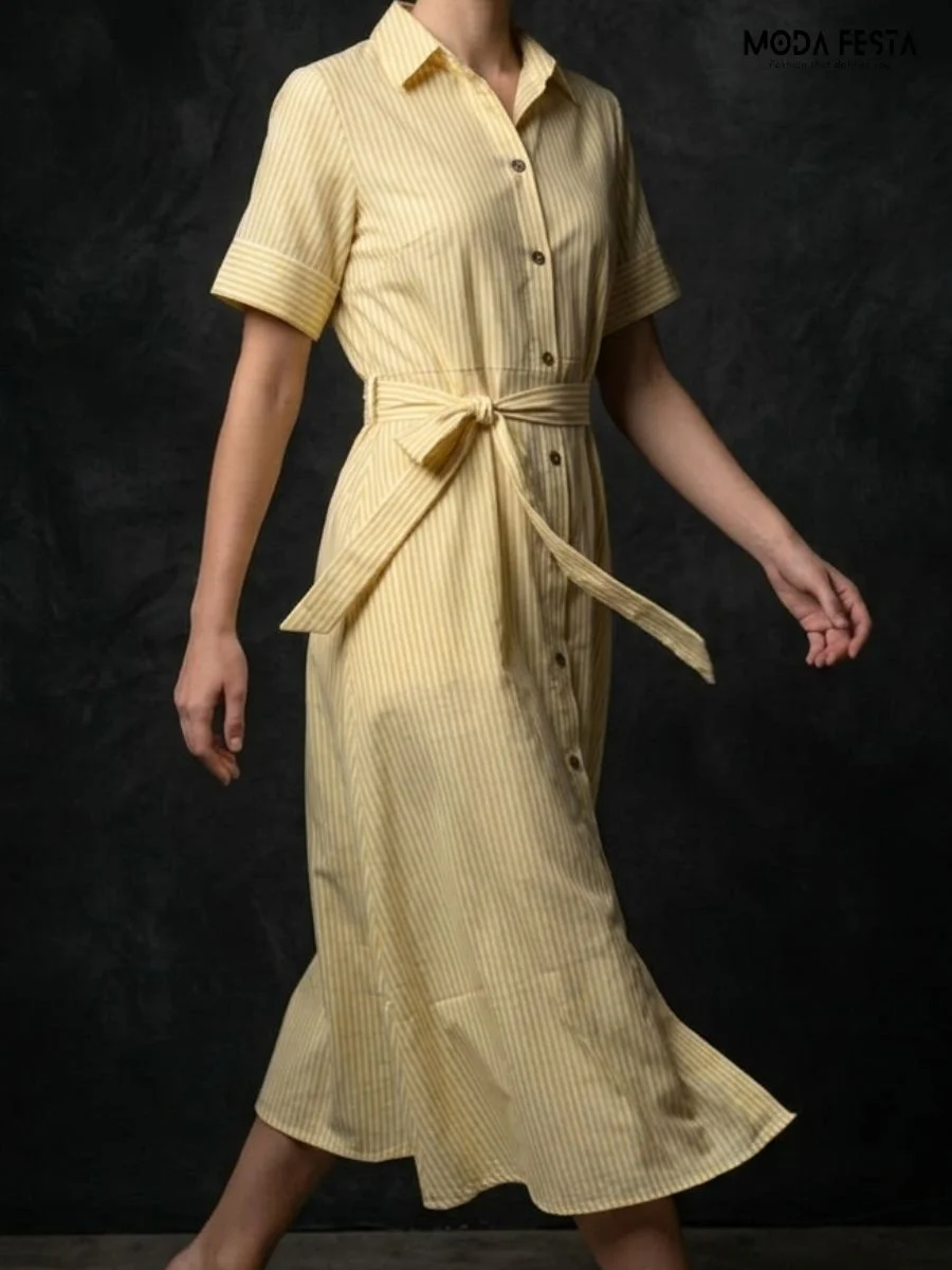 ModaFesta -yellow-and-white-vertical-striped-shirt-dress