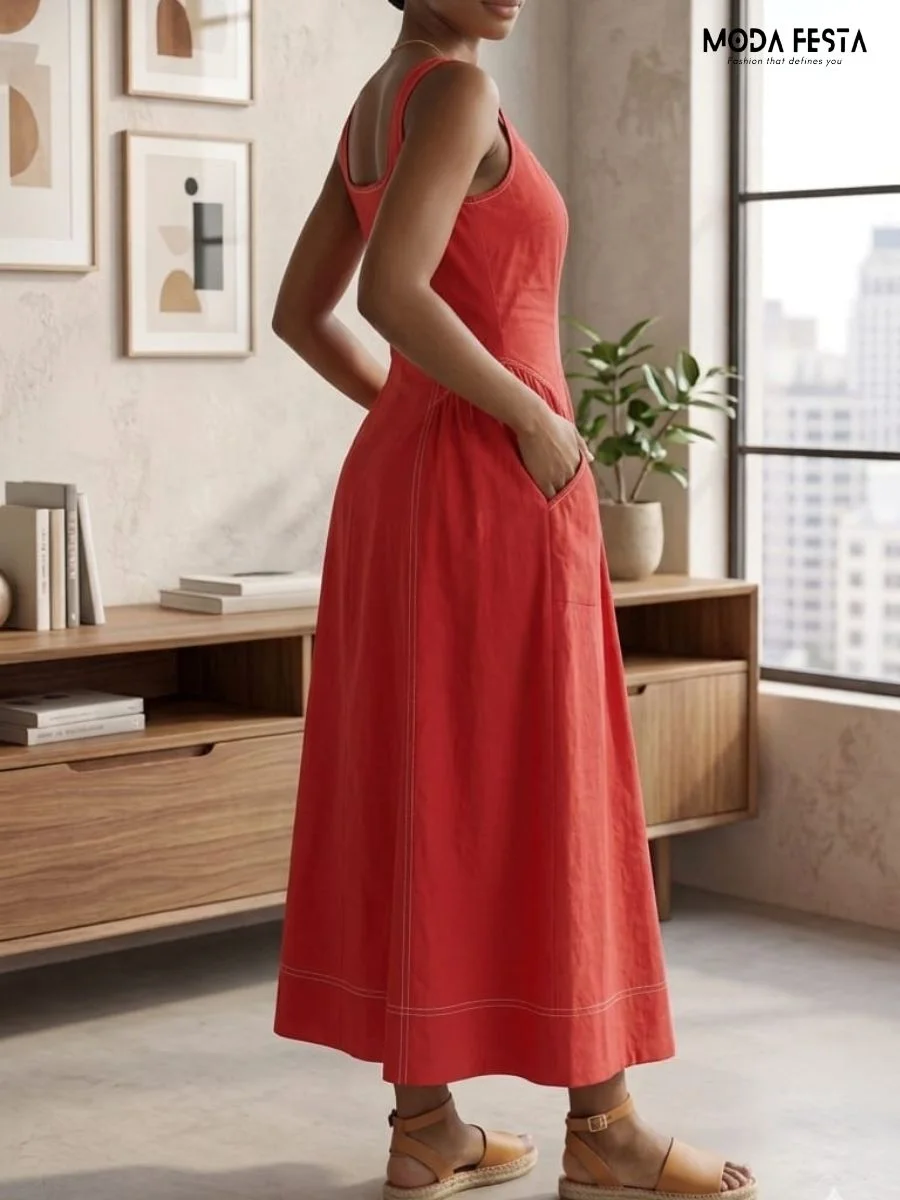 ModaFesta -contrast-stitch-square-neck-midi-dress-red