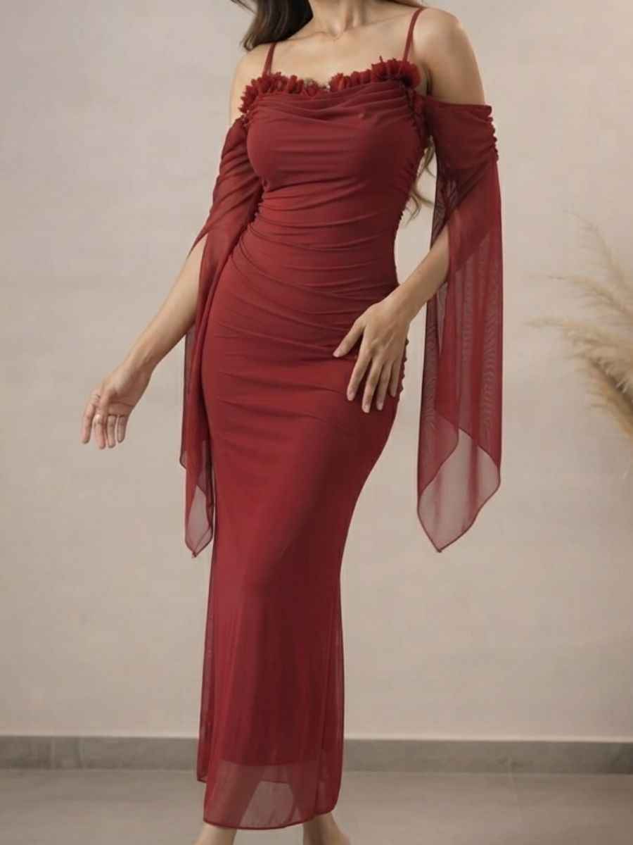 ModaFesta -wine-red-floral-applique-ruched-mesh-maxi-dress-with-sleeves