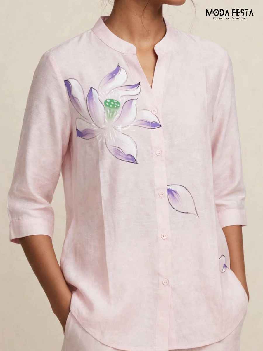 ModaFesta -pink-hand-painted-floral-casual-shirt