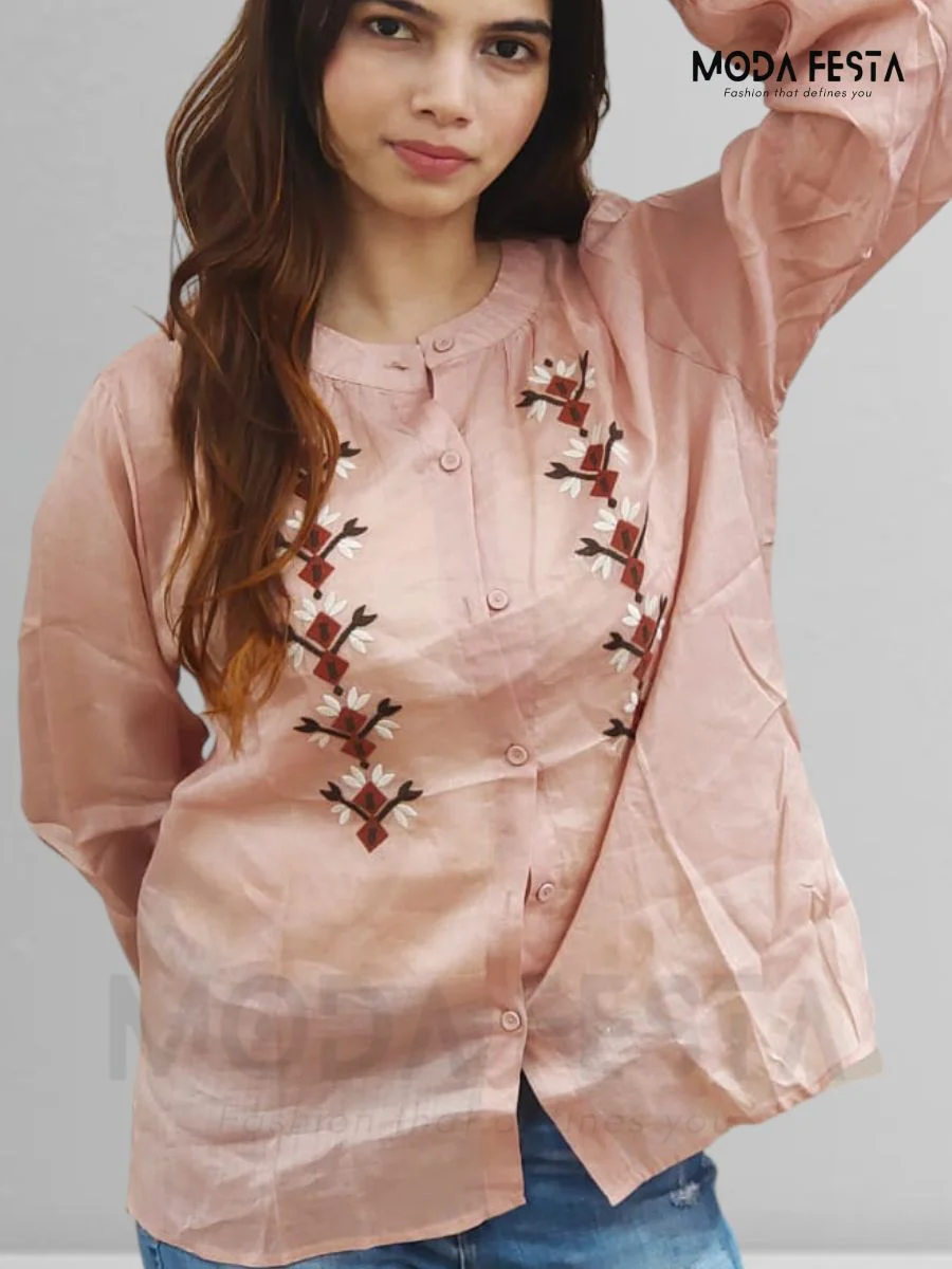 ModaFesta -embroidered-linen-top-pink-mid-lenght