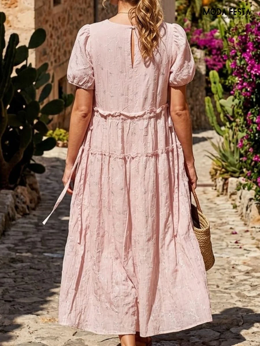ModaFesta -pink-tiered-midi-dress-with-puff-sleeves