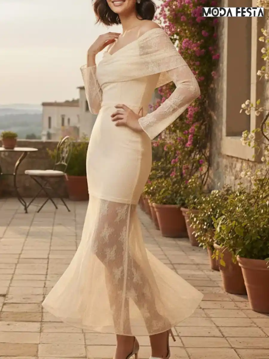 ModaFesta -elegant-off-shoulder-style-bodycon-dress-cream