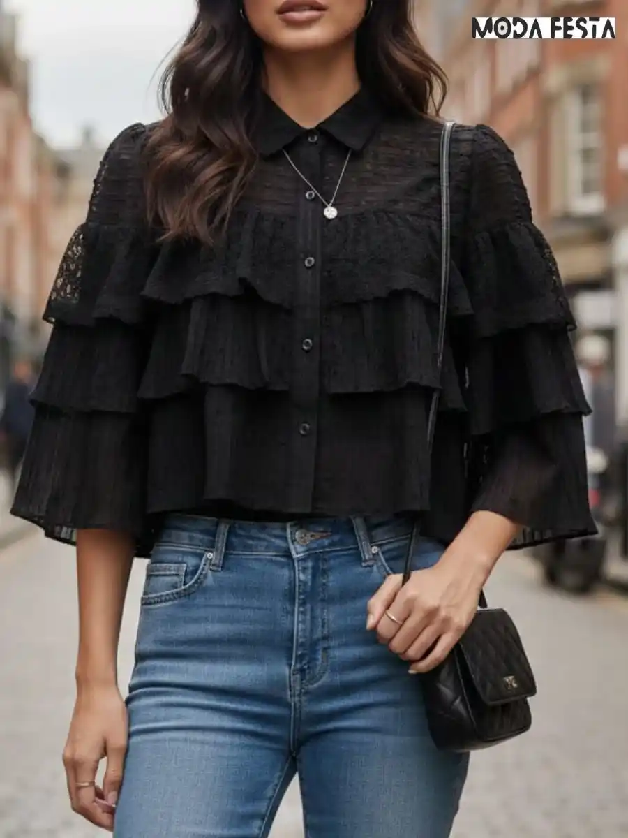 ModaFesta -elegant-ruffled-chiffon-shirt-black