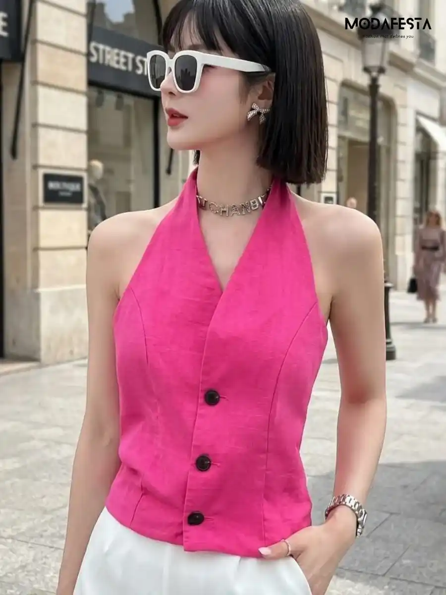 ModaFesta -elegant-casual-halter-neck-top-pink
