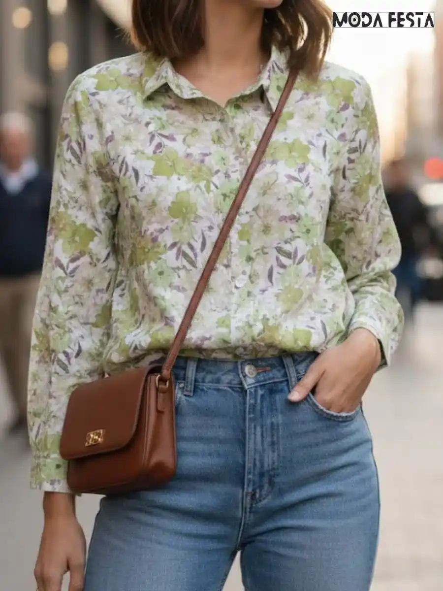 ModaFesta -elegant-floral-print-linen-shirt-green