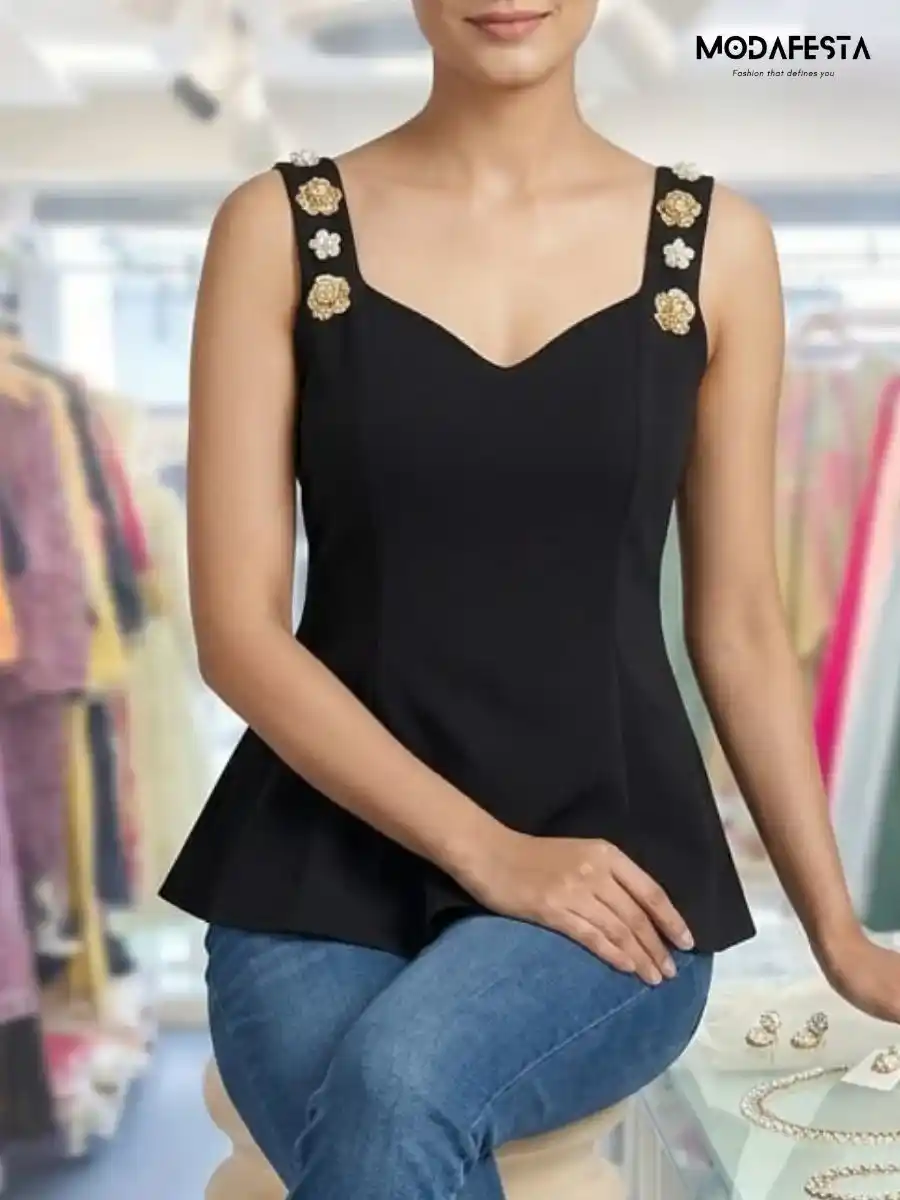 ModaFesta -elegant-a-line-party-top-with-sleeve-broach-black