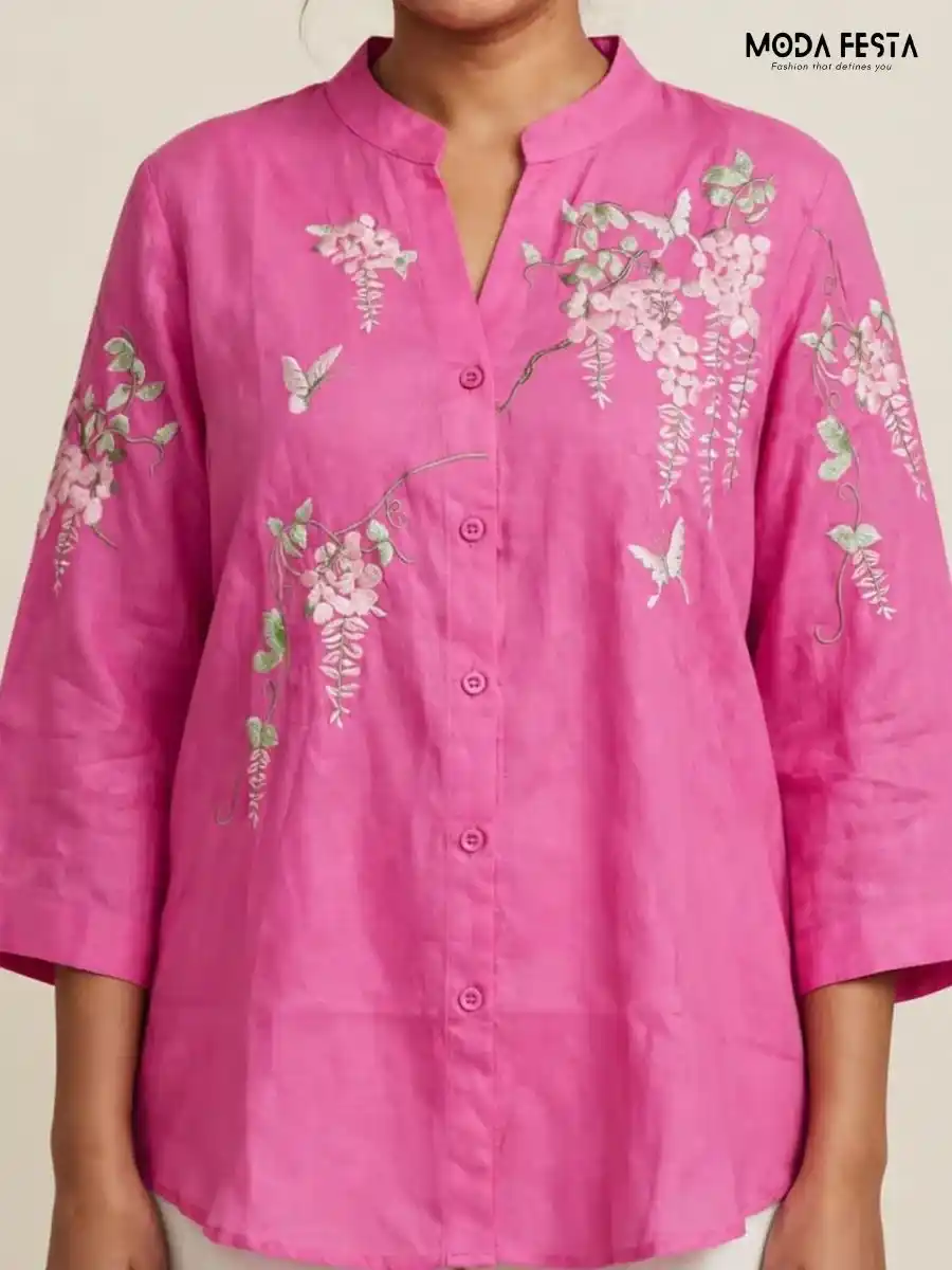 Pink Floral and Butterfly Embroidered Casual Shirt