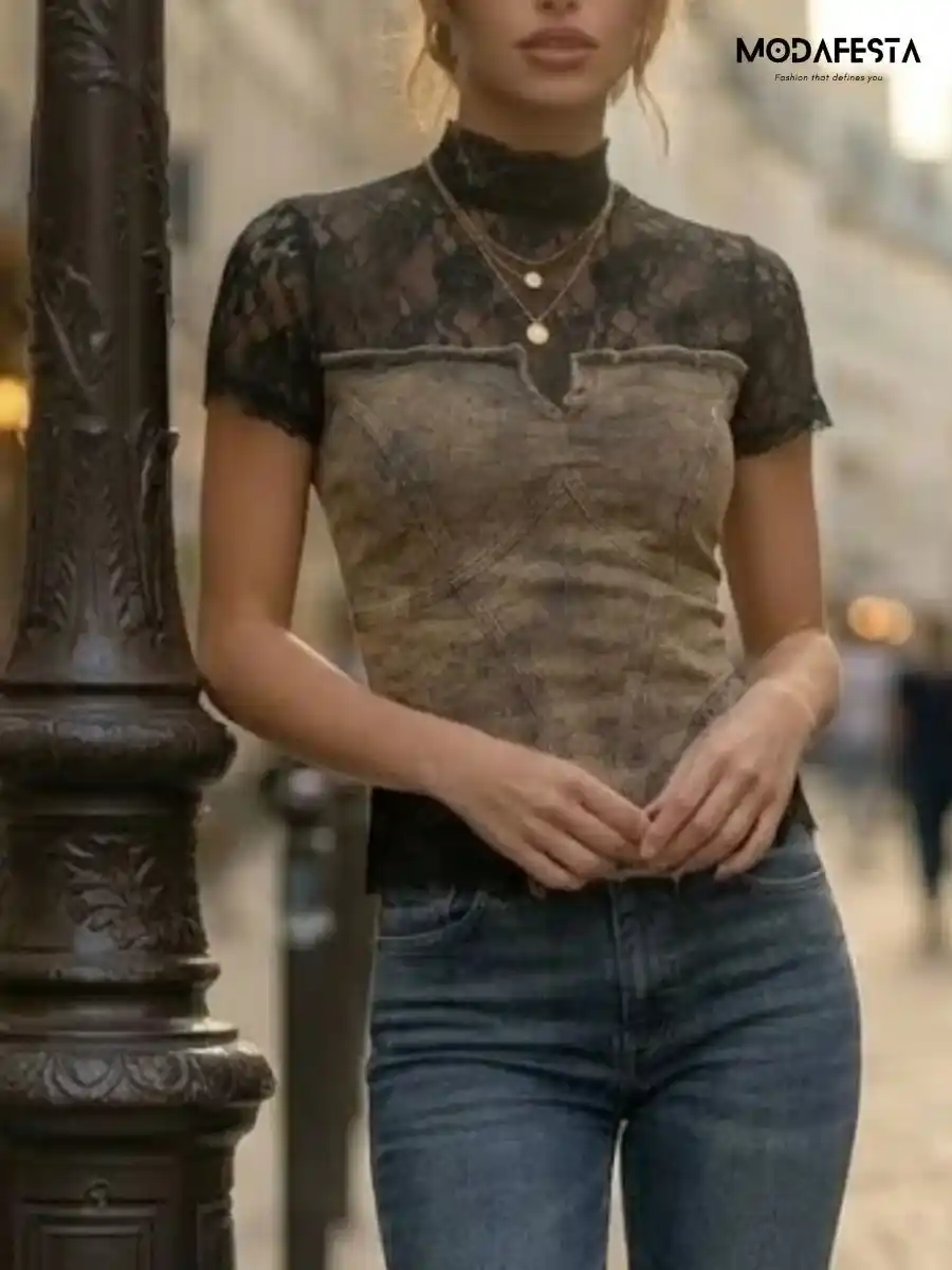 ModaFesta -elegant-denim-corset-lace-high-neck-top-black