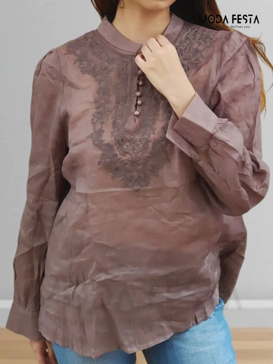 ModaFesta -embroidered-linen-top-brown-mid-lenght