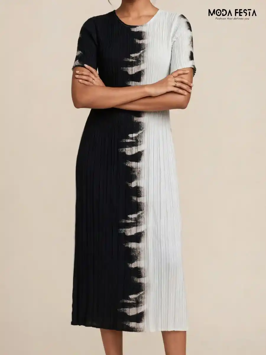 ModaFesta -black-and-white-pleated-casual-dress