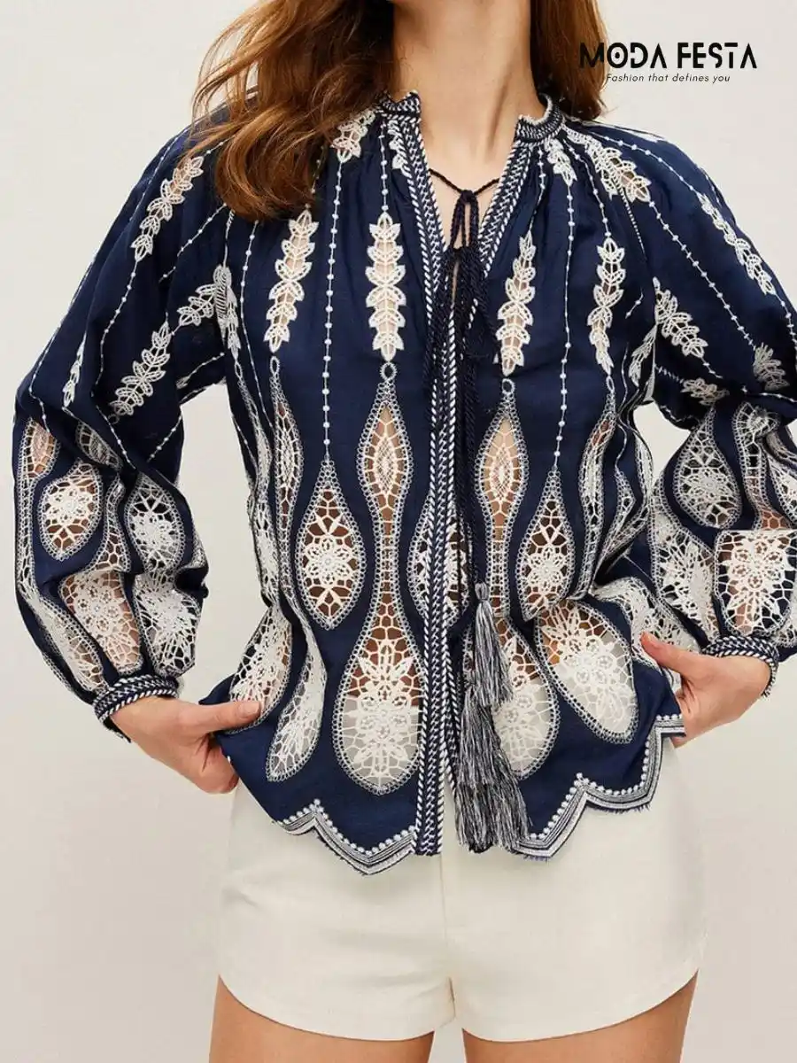 ModaFesta -embroidered-tie-neck-top-navy-blue