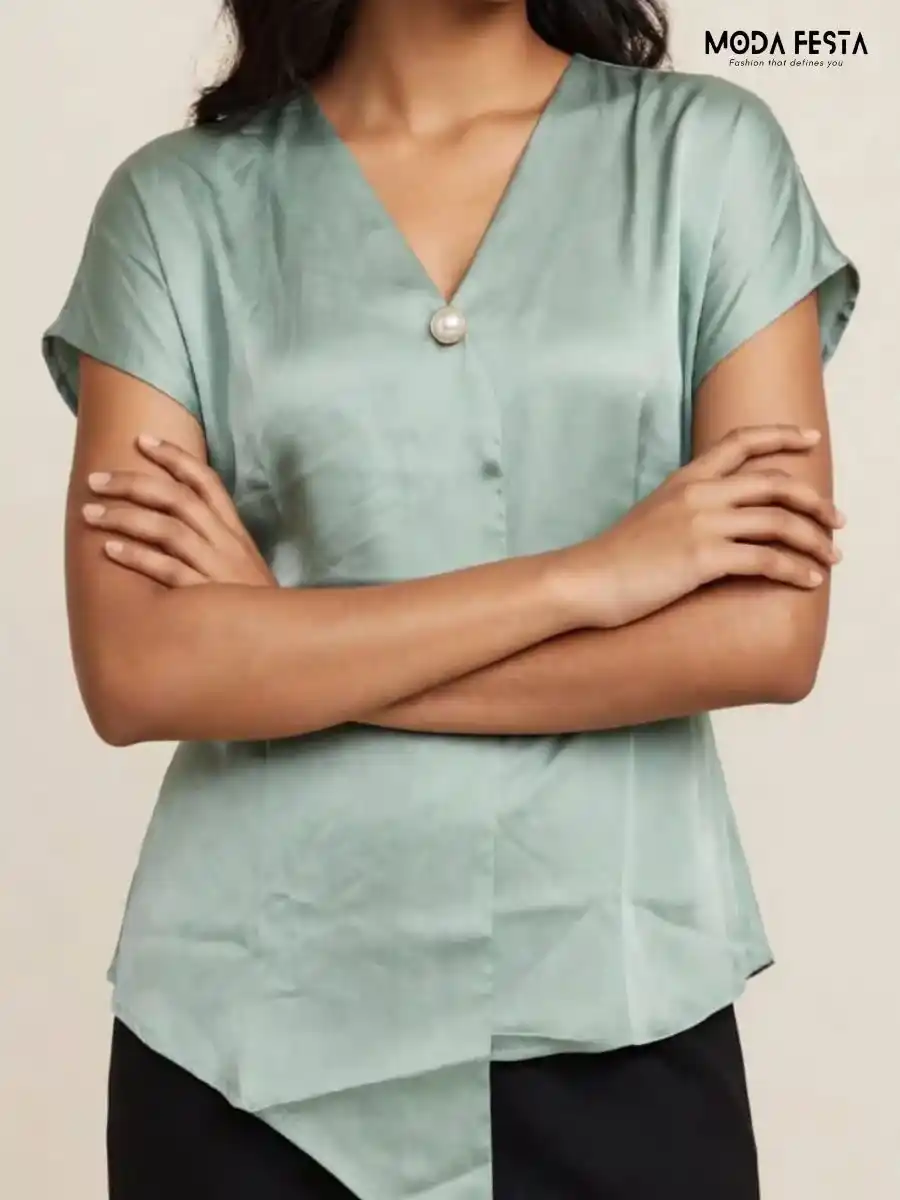 ModaFesta -sage-green-satin-v-neck-short-sleeve-asymmetric-top