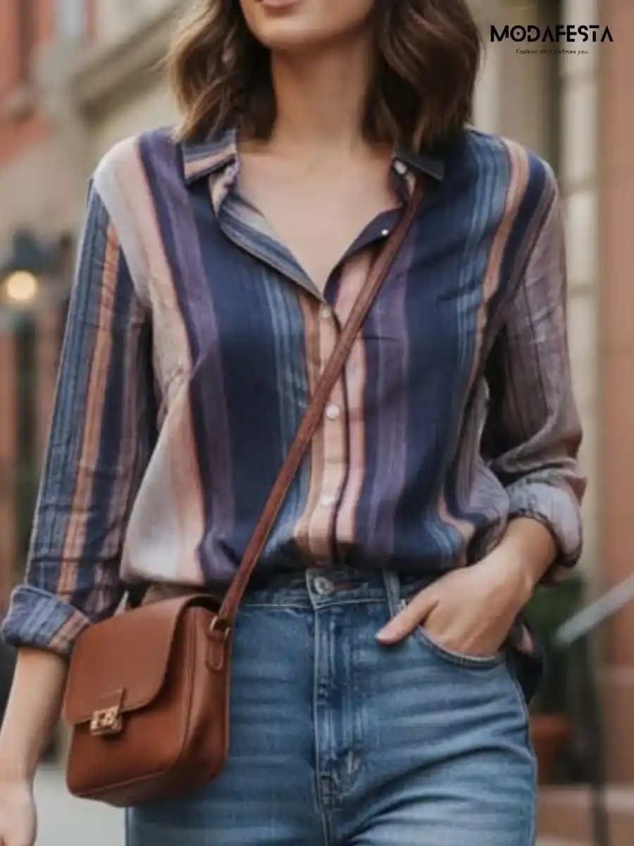 ModaFesta -elegant-abstract-print-linen-shirt-brown